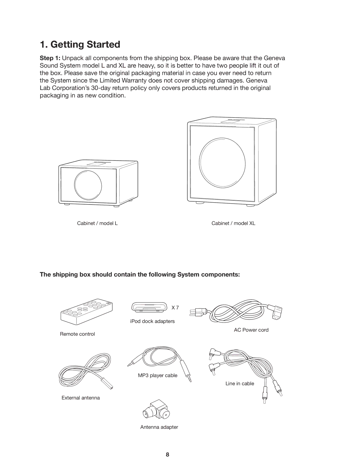 Geneva Lab XL manual Getting Started, Shipping box should contain the following System components 