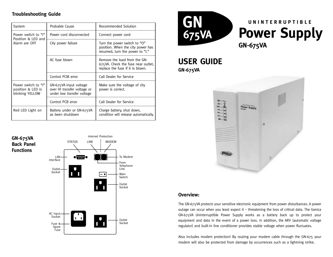 Genica manual Troubleshooting Guide, GN-675VA Back Panel Functions, Overview 