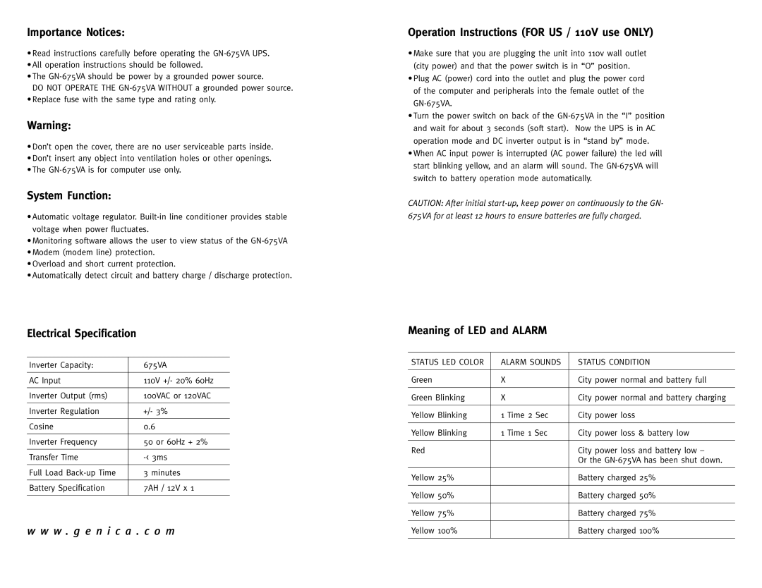 Genica GN-675VA manual Importance Notices, System Function, Electrical Specification, Meaning of LED and Alarm 