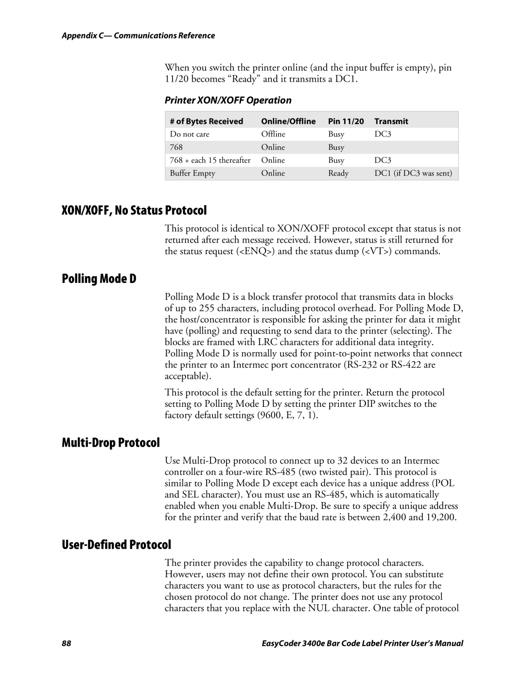 Genicom 3400e user manual XON/XOFF, No Status Protocol, Polling Mode D, Multi-Drop Protocol, User-Defined Protocol 