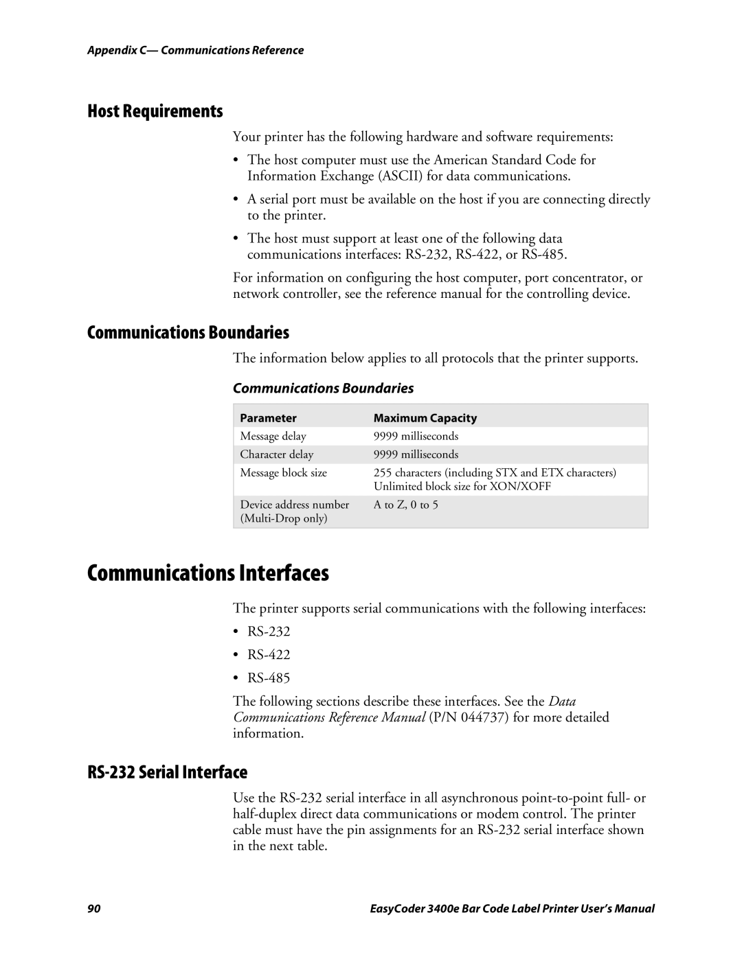 Genicom 3400e user manual Communications Interfaces, Host Requirements, Communications Boundaries, RS-232 Serial Interface 