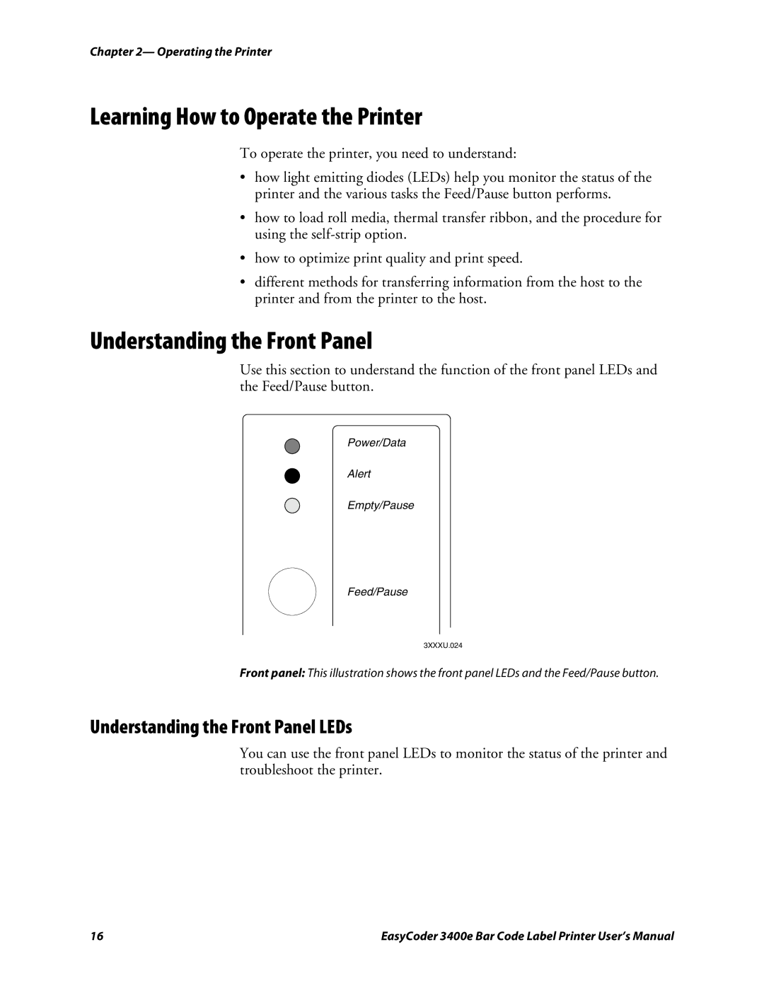 Genicom 3400e user manual Learning How to Operate the Printer, Understanding the Front Panel LEDs 