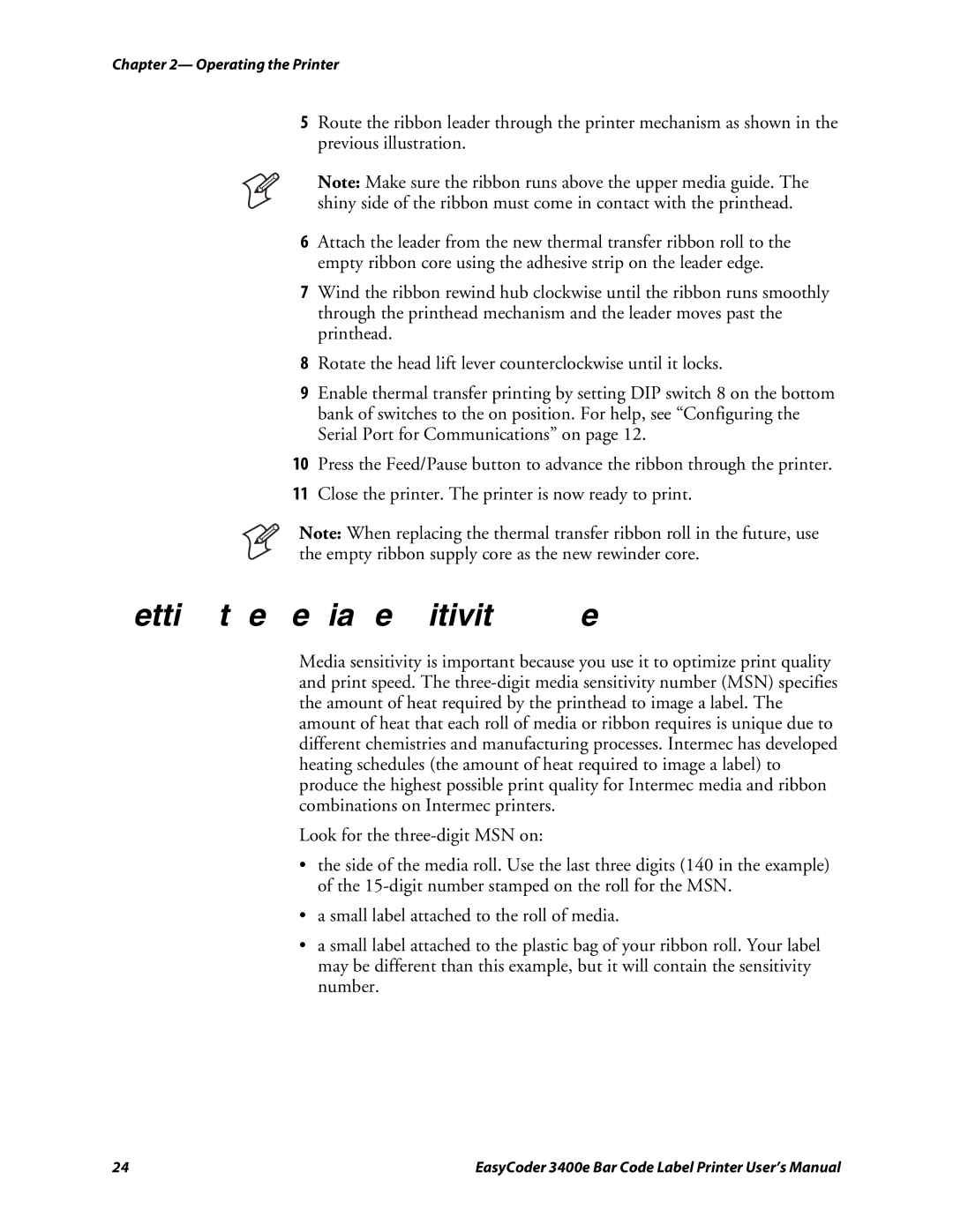 Genicom 3400e user manual Setting the Media Sensitivity Number 