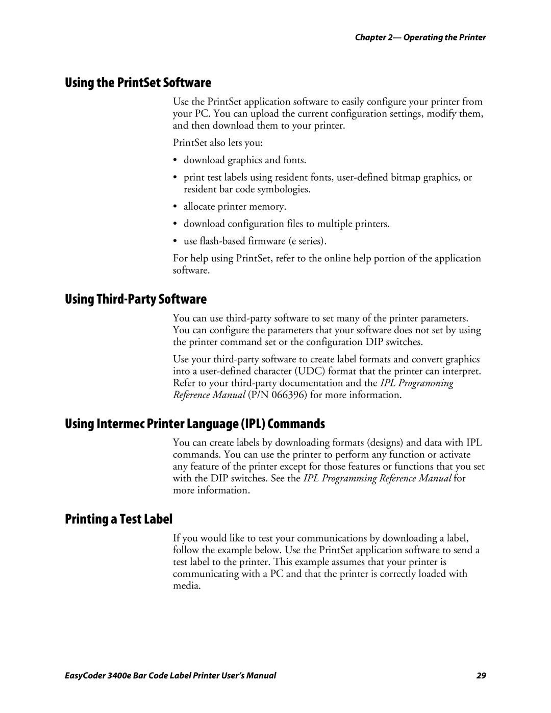 Genicom 3400e Using the PrintSet Software, Using Third-Party Software, Using Intermec Printer Language IPL Commands 