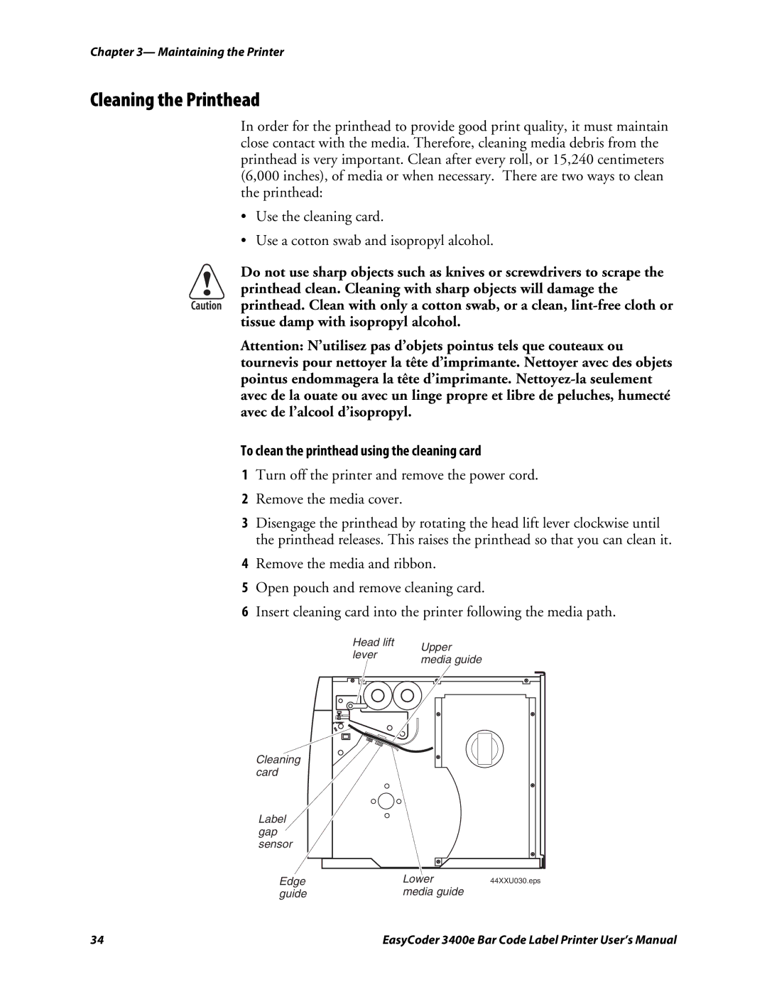 Genicom 3400e user manual Cleaning the Printhead, To clean the printhead using the cleaning card 