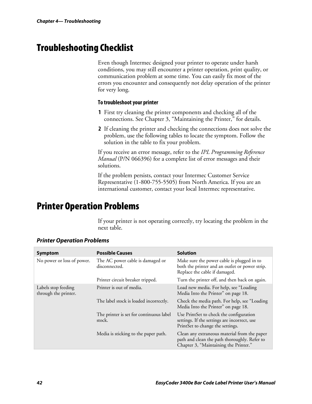 Genicom 3400e user manual Troubleshooting Checklist, Printer Operation Problems, To troubleshoot your printer 