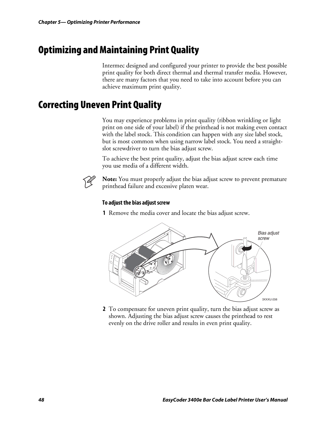 Genicom 3400e Optimizing and Maintaining Print Quality, Correcting Uneven Print Quality, To adjust the bias adjust screw 