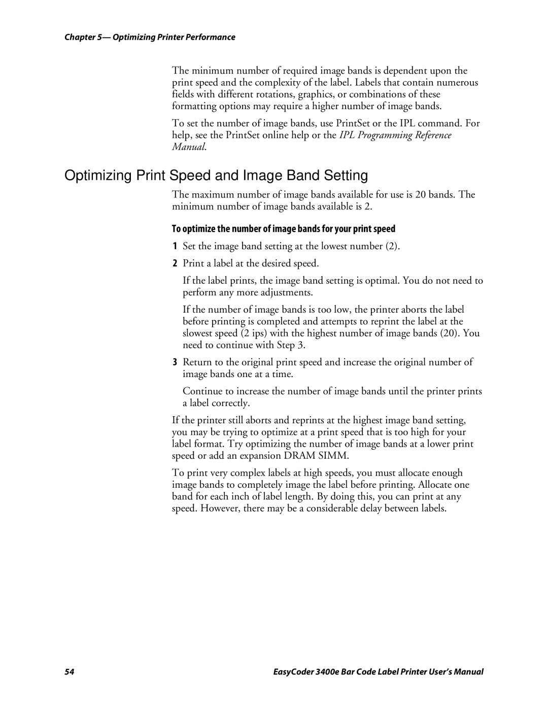 Genicom 3400e Optimizing Print Speed and Image Band Setting, To optimize the number of image bands for your print speed 