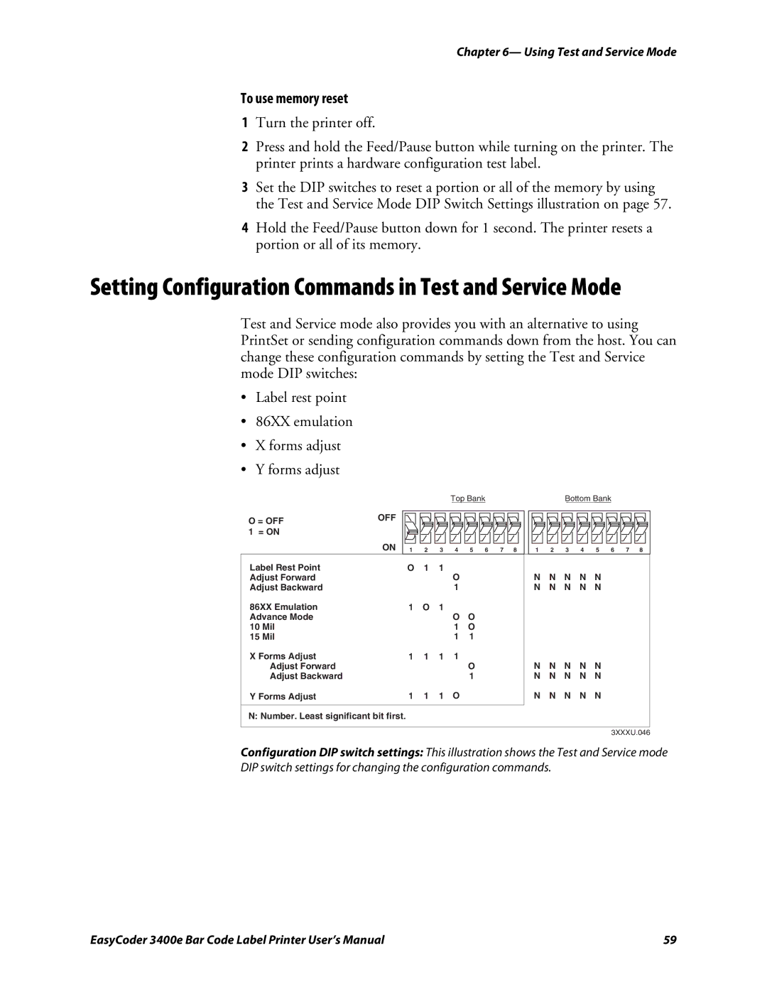 Genicom 3400e user manual Setting Configuration Commands in Test and Service Mode, To use memory reset 