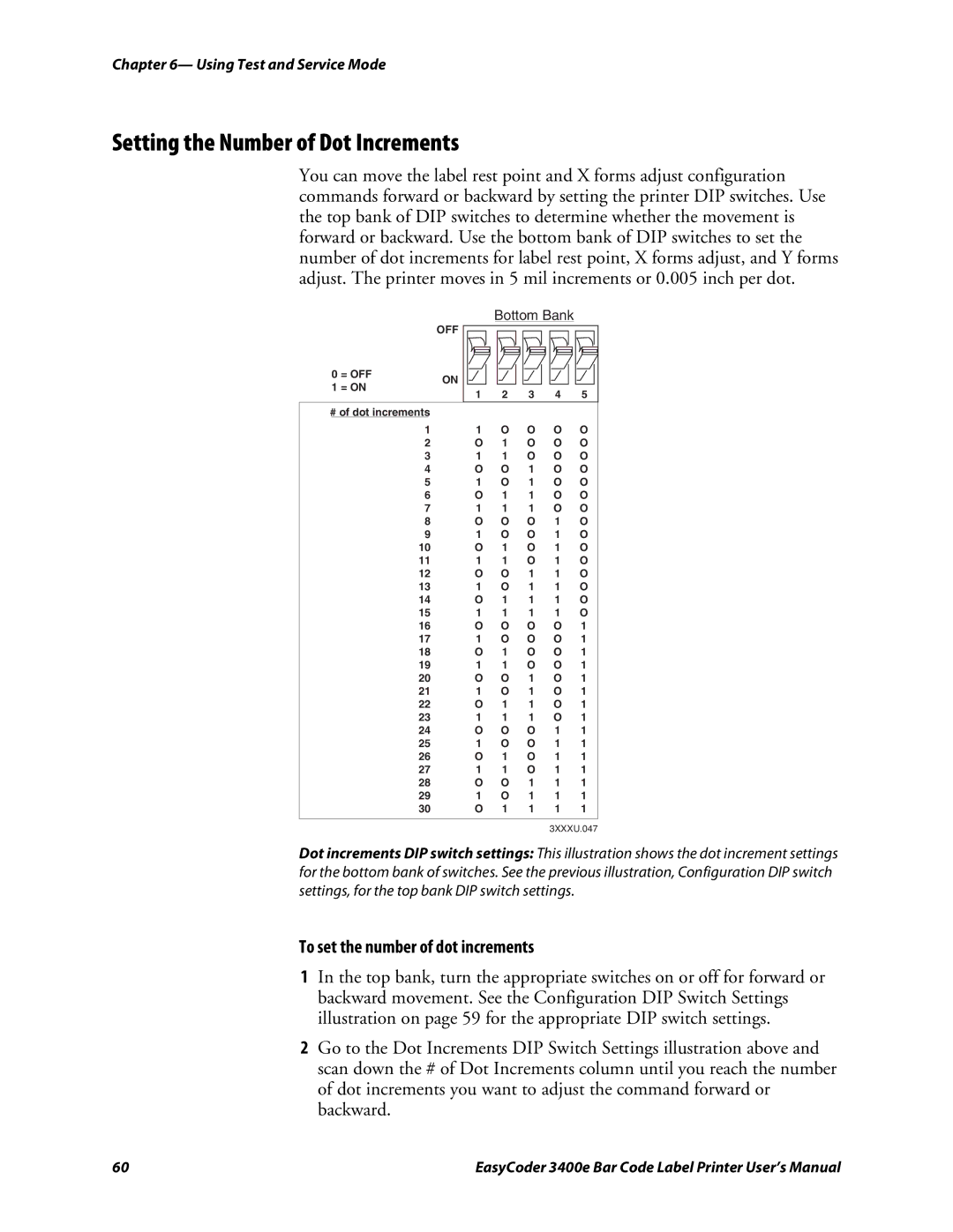 Genicom 3400e user manual Setting the Number of Dot Increments, To set the number of dot increments 