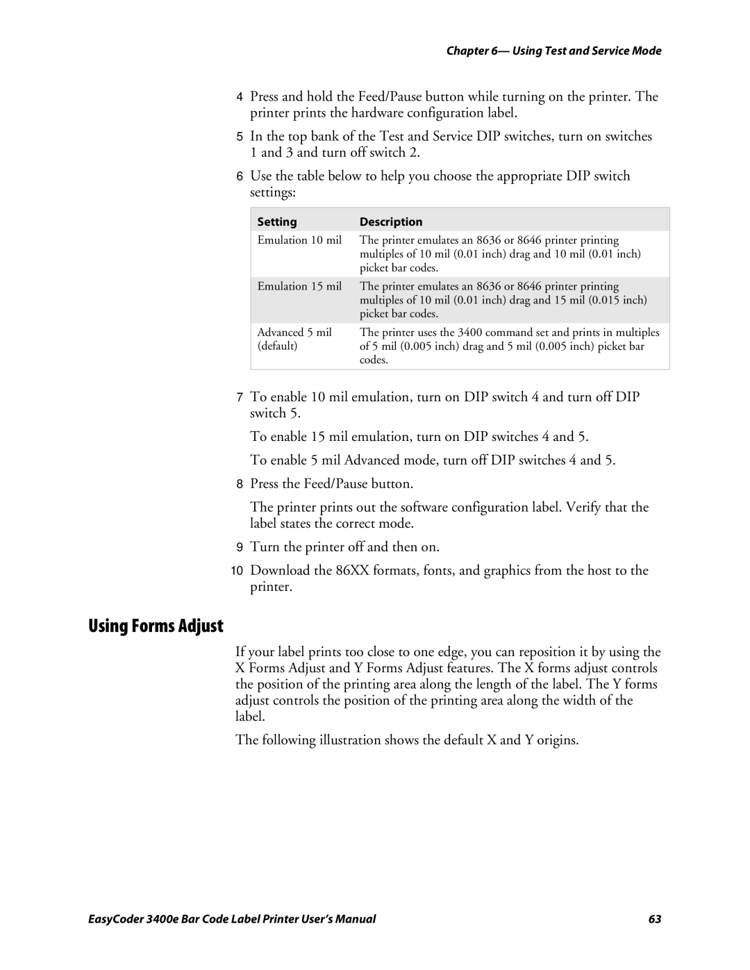 Genicom 3400e user manual Using Forms Adjust, Setting Description 