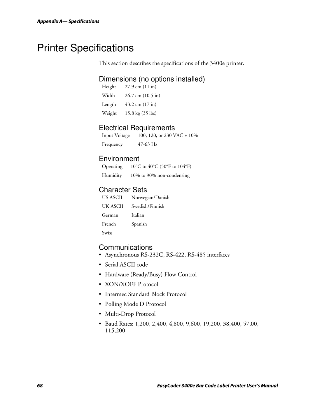 Genicom 3400e user manual Printer Specifications 