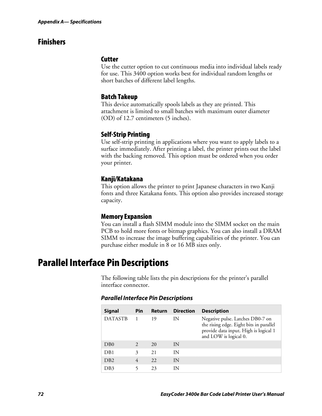 Genicom 3400e user manual Parallel Interface Pin Descriptions, Finishers 