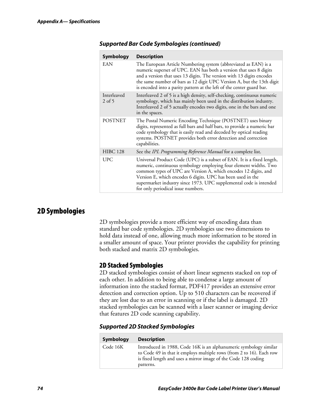 Genicom 3400e user manual 2D Symbologies, Supported 2D Stacked Symbologies 