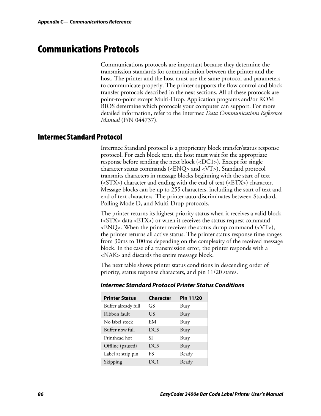 Genicom 3400e user manual Communications Protocols, Intermec Standard Protocol Printer Status Conditions 