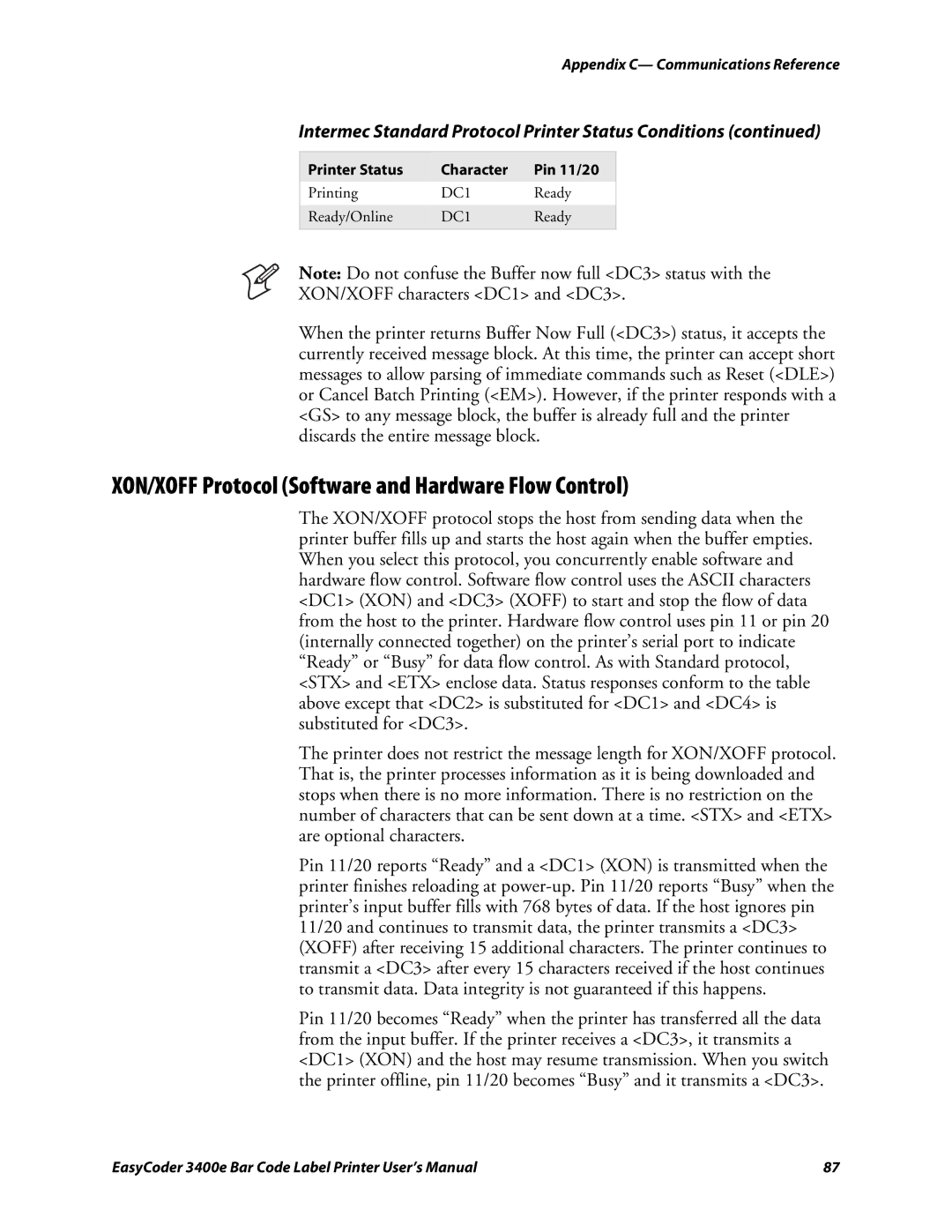 Genicom 3400e user manual XON/XOFF Protocol Software and Hardware Flow Control 