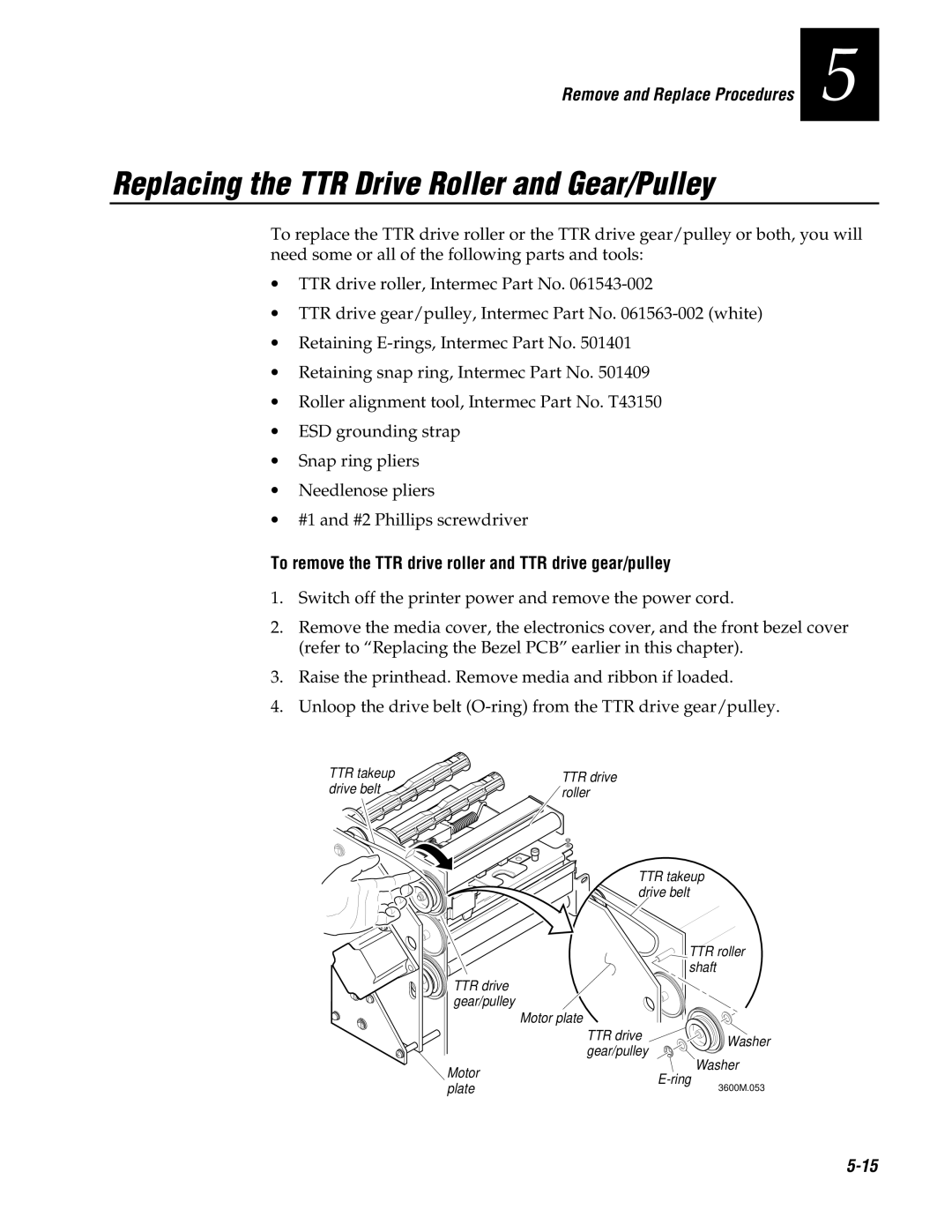 Genicom 3600 Replacing the TTR Drive Roller and Gear/Pulley, To remove the TTR drive roller and TTR drive gear/pulley 