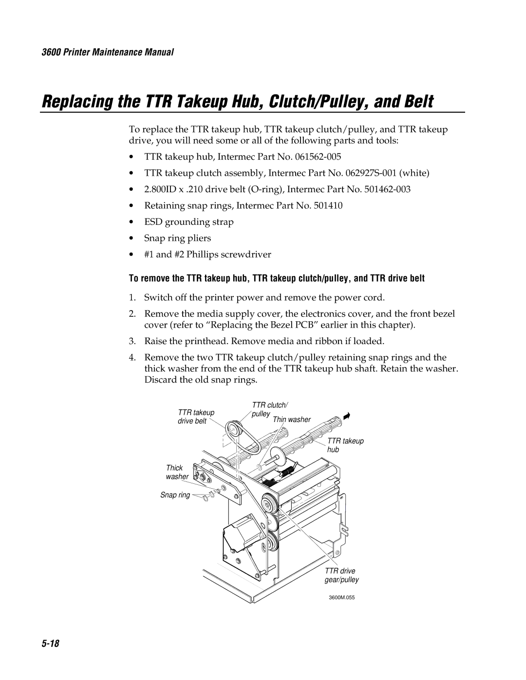 Genicom 3600 manual Replacing the TTR Takeup Hub, Clutch/Pulley, and Belt 