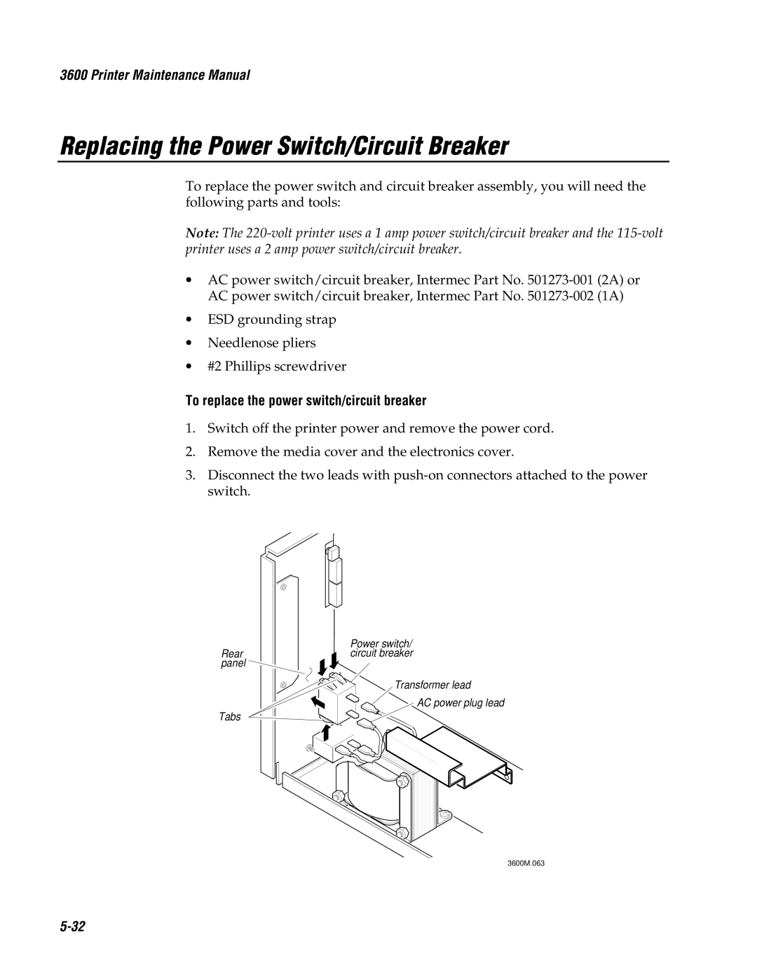 Genicom 3600 manual Replacing the Power Switch/Circuit Breaker, To replace the power switch/circuit breaker 