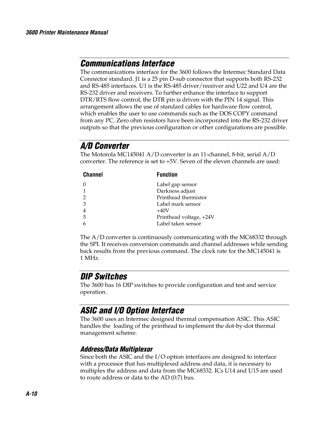 Genicom 3600 Communications Interface, Converter, DIP Switches, Asic and I/O Option Interface, Address/Data Multiplexor 