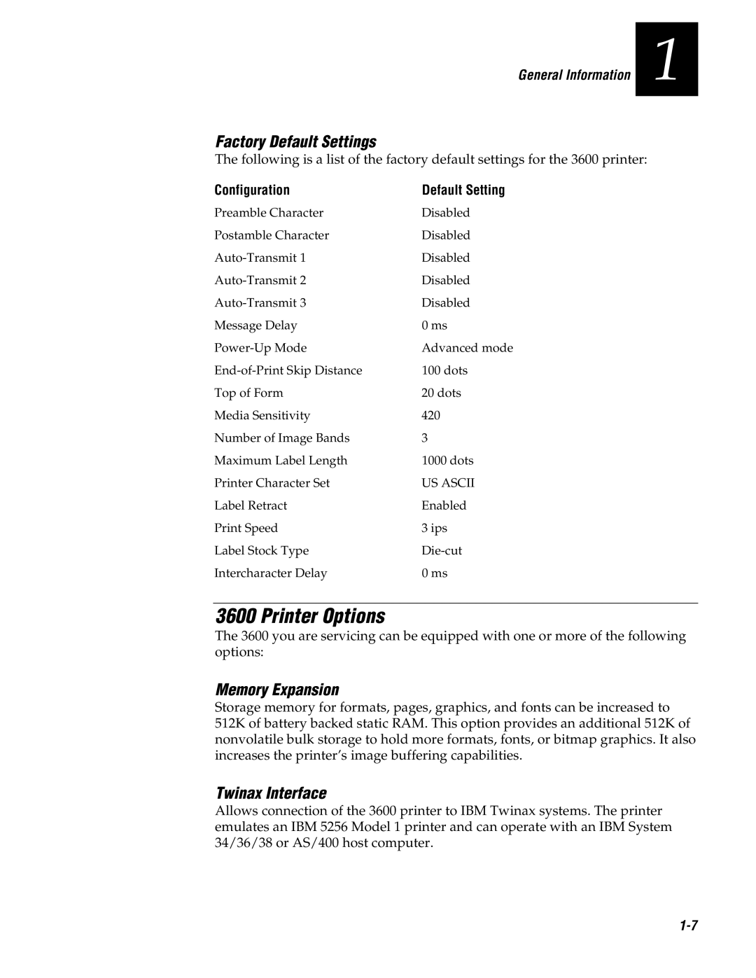 Genicom 3600 manual Printer Options, Factory Default Settings, Memory Expansion, Twinax Interface, Configuration 