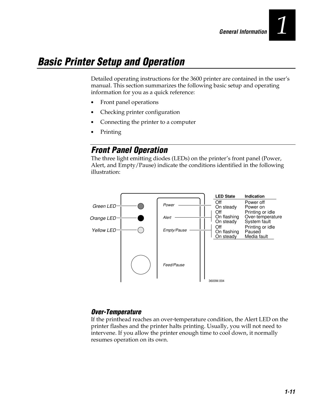 Genicom 3600 manual Basic Printer Setup and Operation, Front Panel Operation, Over-Temperature 