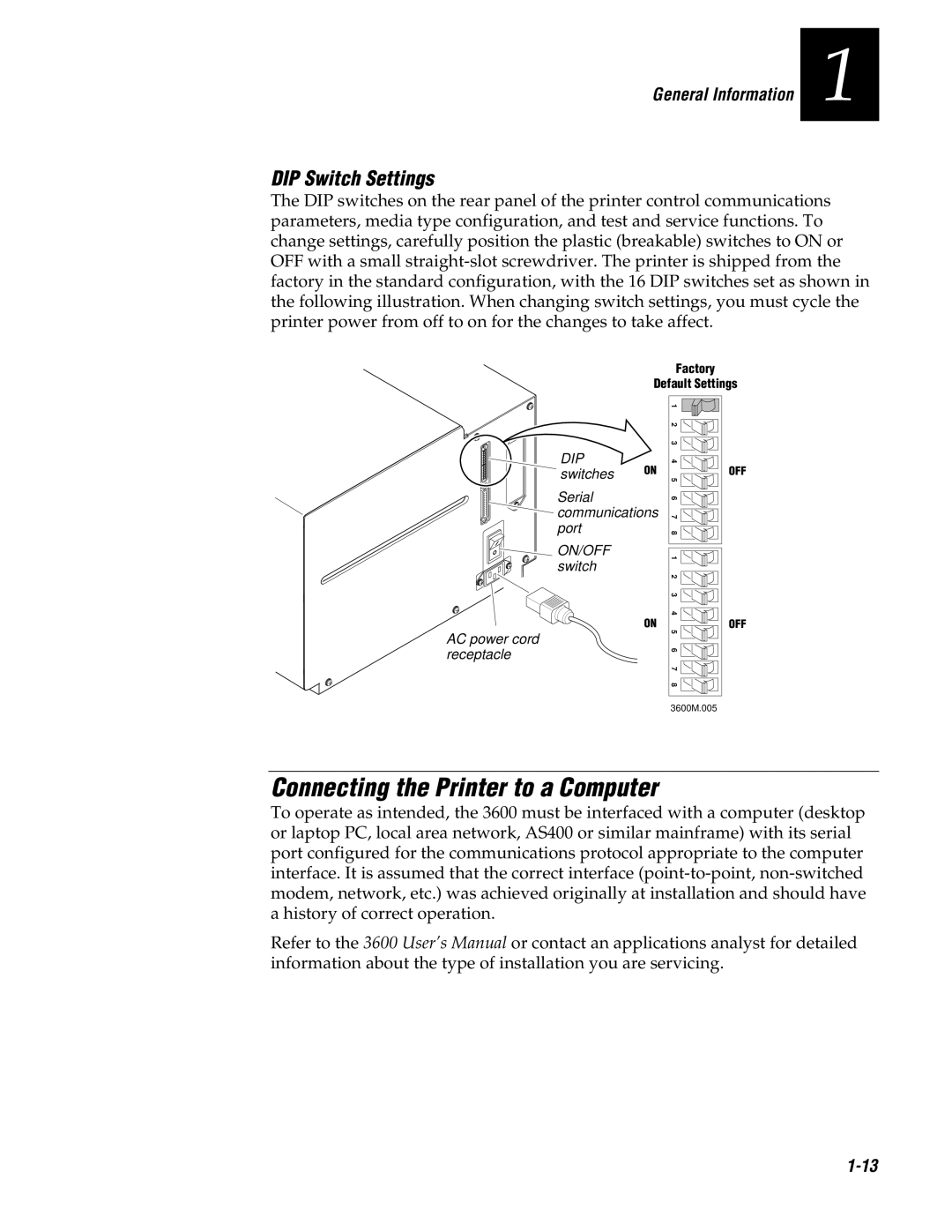 Genicom 3600 manual Connecting the Printer to a Computer, DIP Switch Settings 