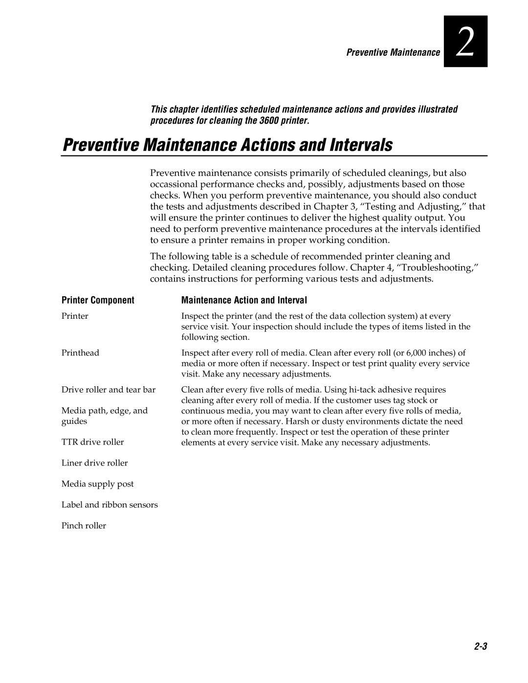 Genicom 3600 manual Preventive Maintenance Actions and Intervals, Printer Component Maintenance Action and Interval 