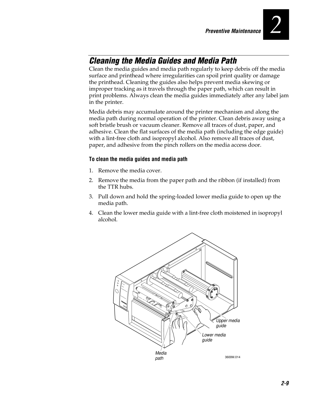 Genicom 3600 manual Cleaning the Media Guides and Media Path, To clean the media guides and media path 