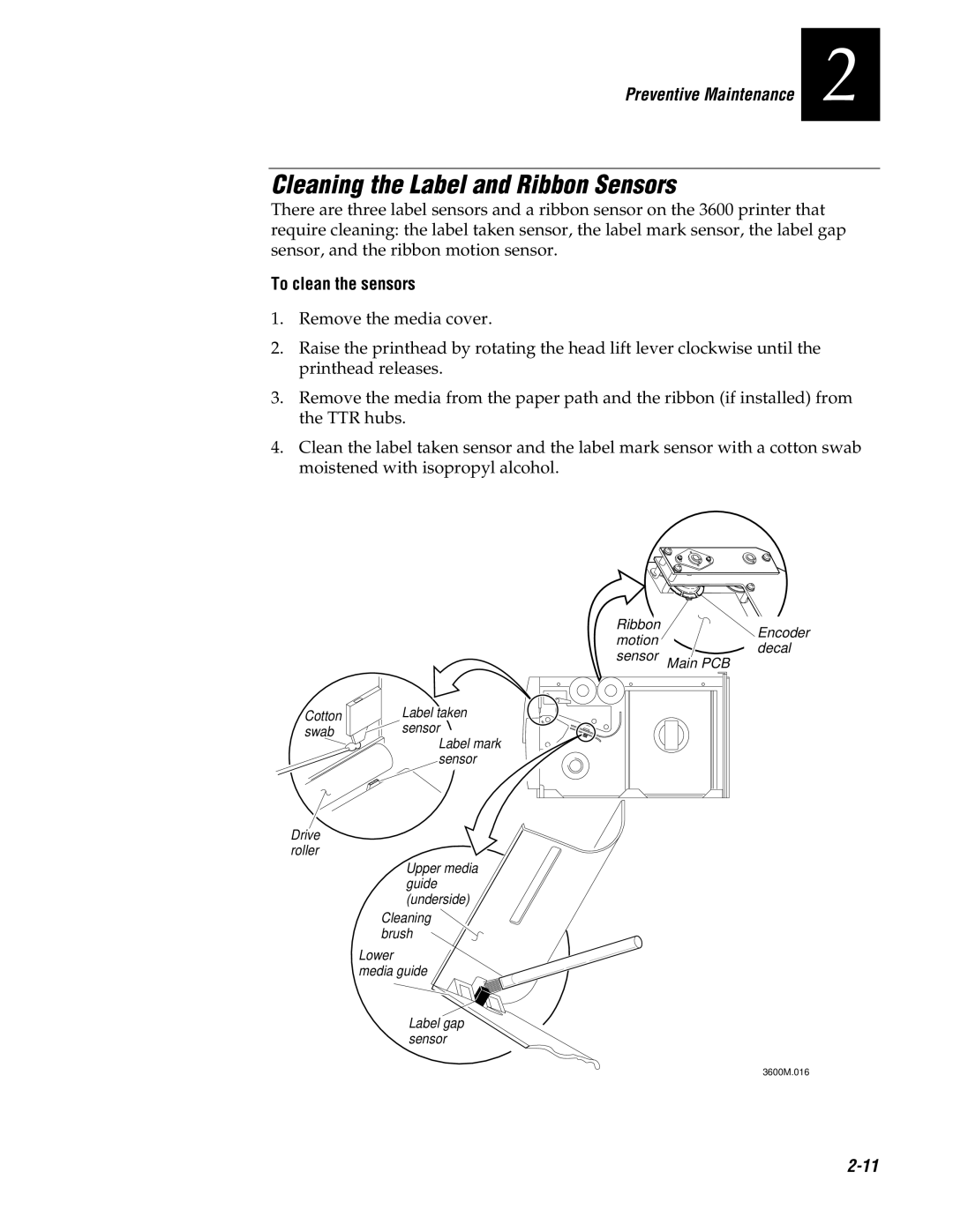 Genicom 3600 manual Cleaning the Label and Ribbon Sensors, To clean the sensors 
