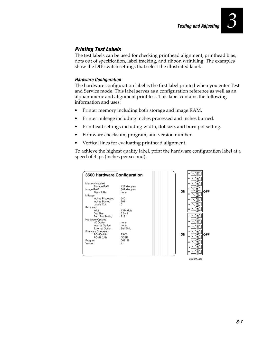 Genicom 3600 manual Printing Test Labels, Hardware Configuration 