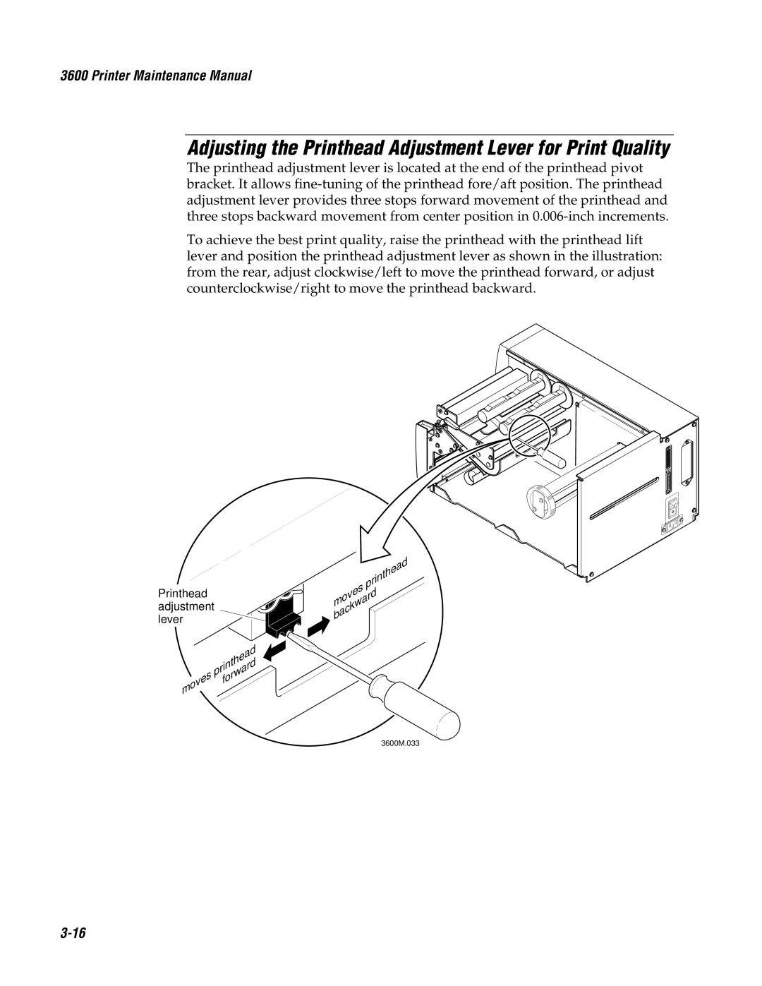 Genicom 3600 manual Adjusting the Printhead Adjustment Lever for Print Quality 