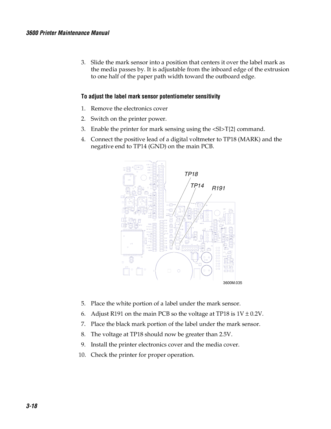 Genicom 3600 manual To adjust the label mark sensor potentiometer sensitivity 