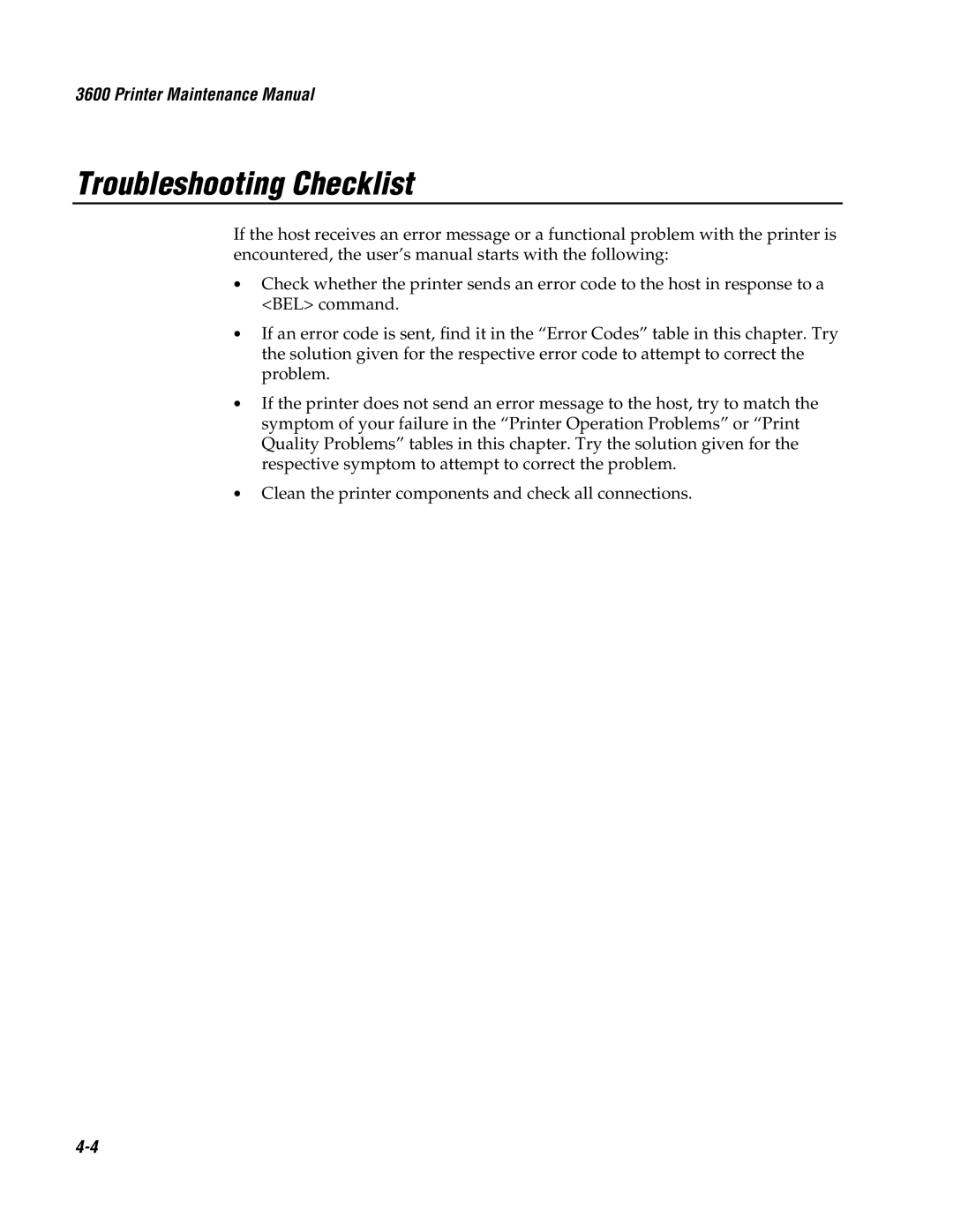 Genicom 3600 manual Troubleshooting Checklist, Printer Maintenance Manual 