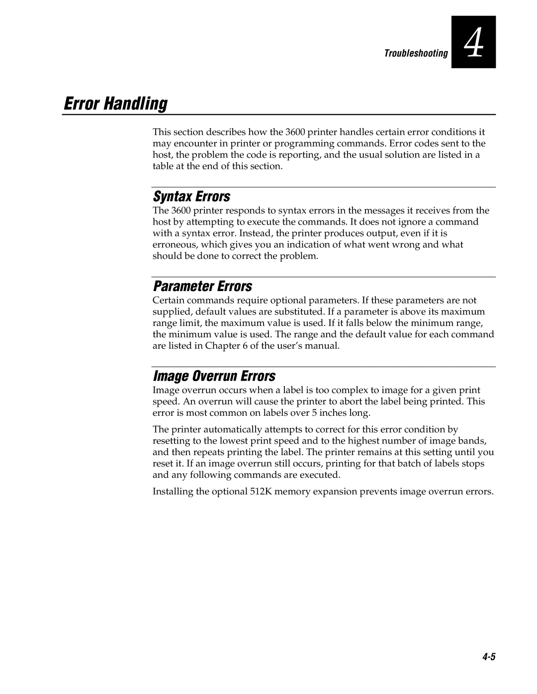 Genicom 3600 manual Error Handling, Syntax Errors, Parameter Errors, Image Overrun Errors, Troubleshooting 