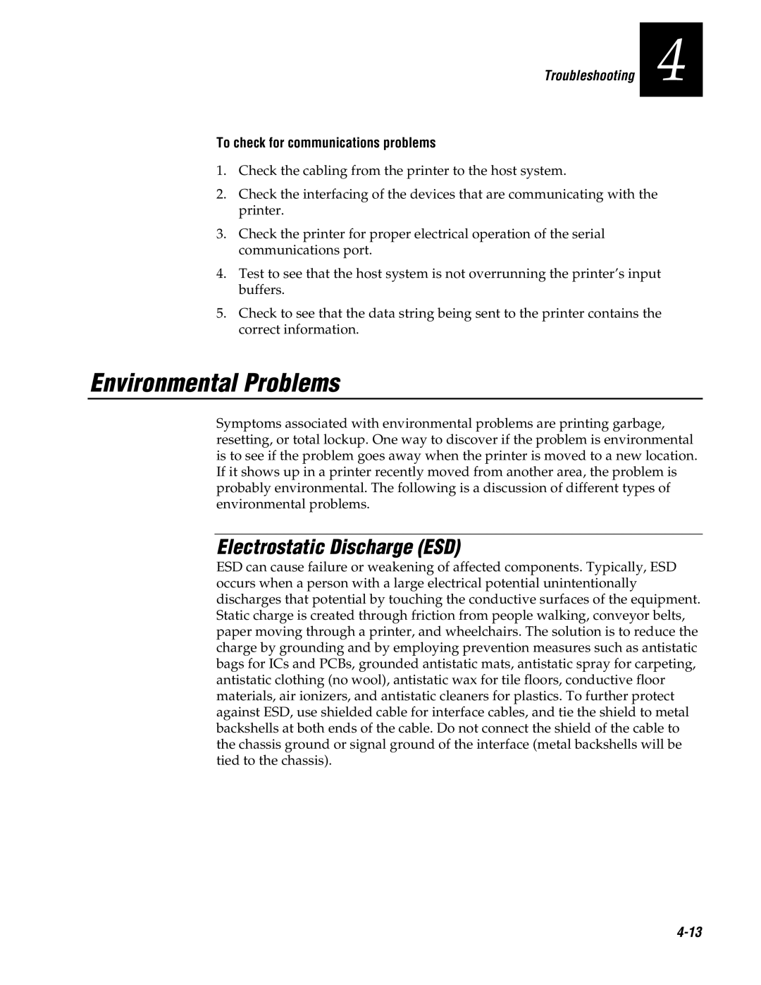 Genicom 3600 manual Environmental Problems, Electrostatic Discharge ESD, To check for communications problems 