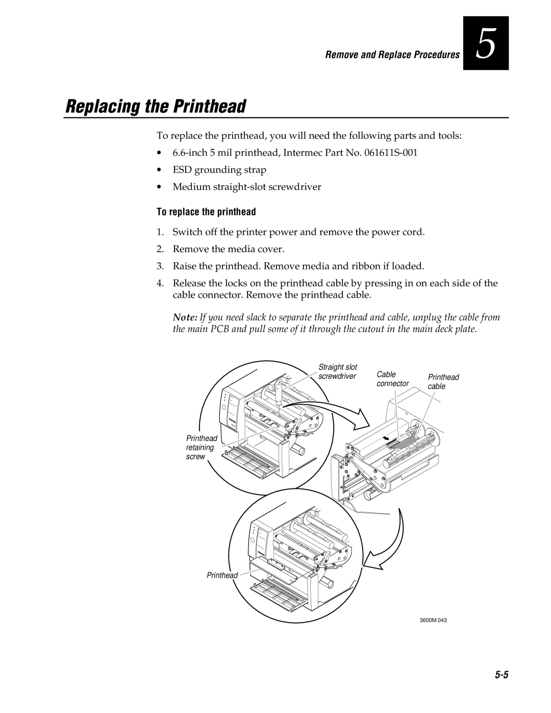 Genicom 3600 manual Replacing the Printhead, Remove and Replace Procedures, To replace the printhead 