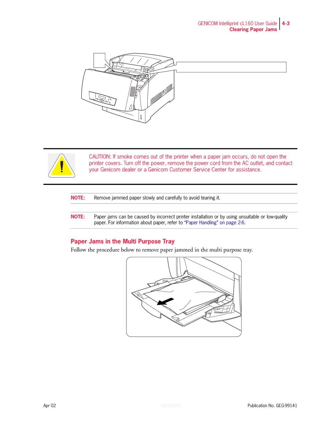 Genicom cL160 manual Paper Jams in the Multi Purpose Tray 