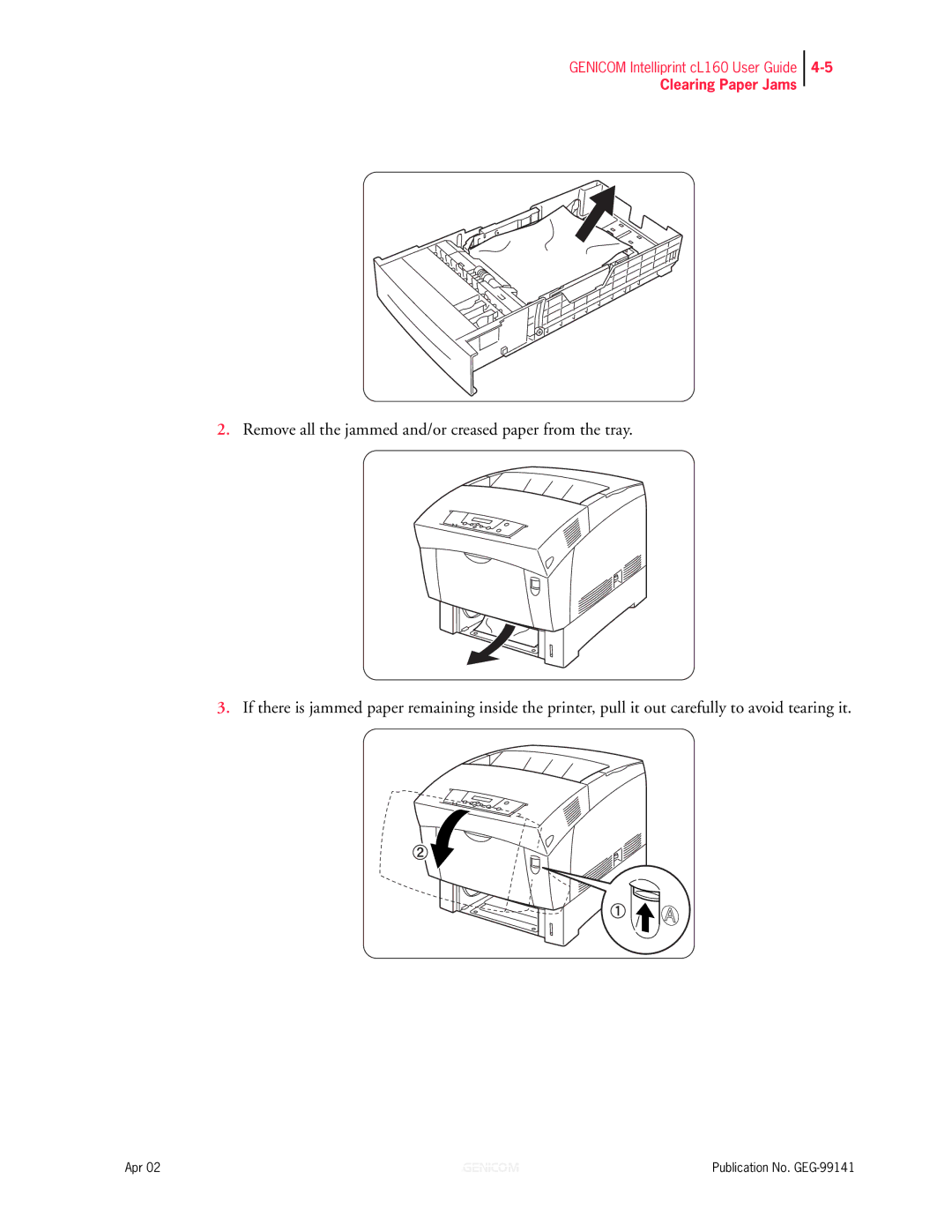 Genicom cL160 manual Clearing Paper Jams 