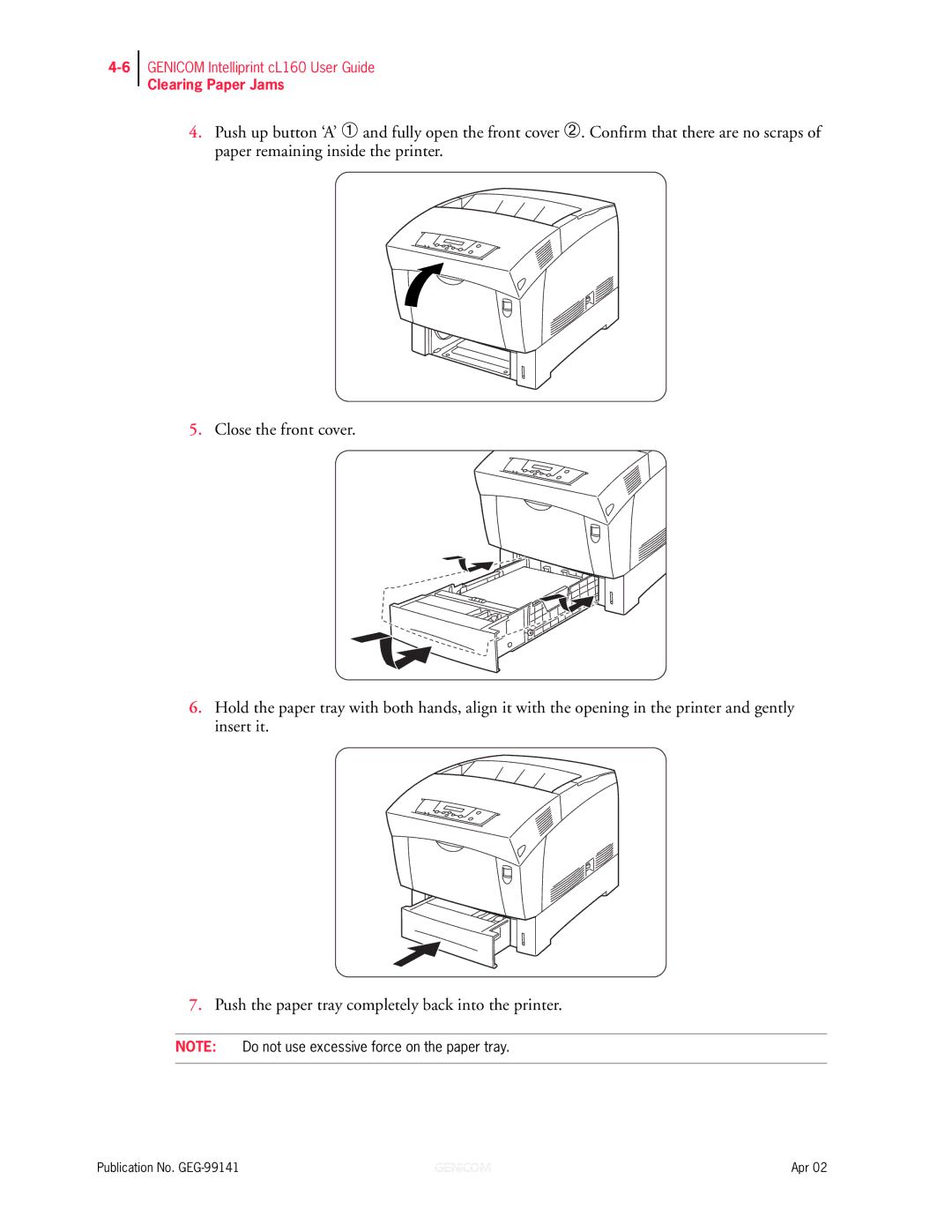 Genicom cL160 manual Clearing Paper Jams 