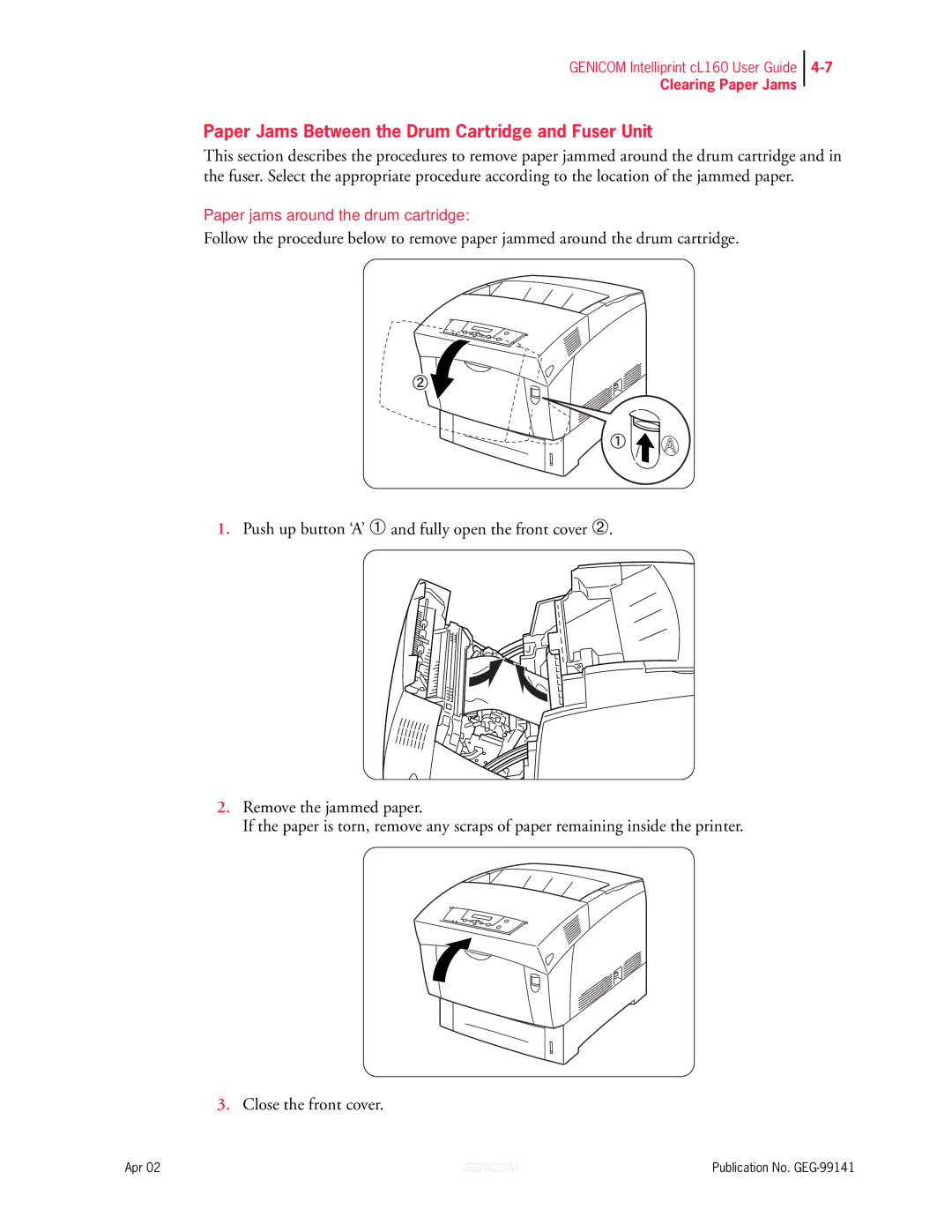 Genicom cL160 manual Paper Jams Between the Drum Cartridge and Fuser Unit 