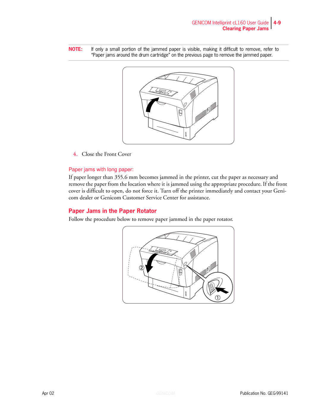 Genicom cL160 manual Paper Jams in the Paper Rotator 