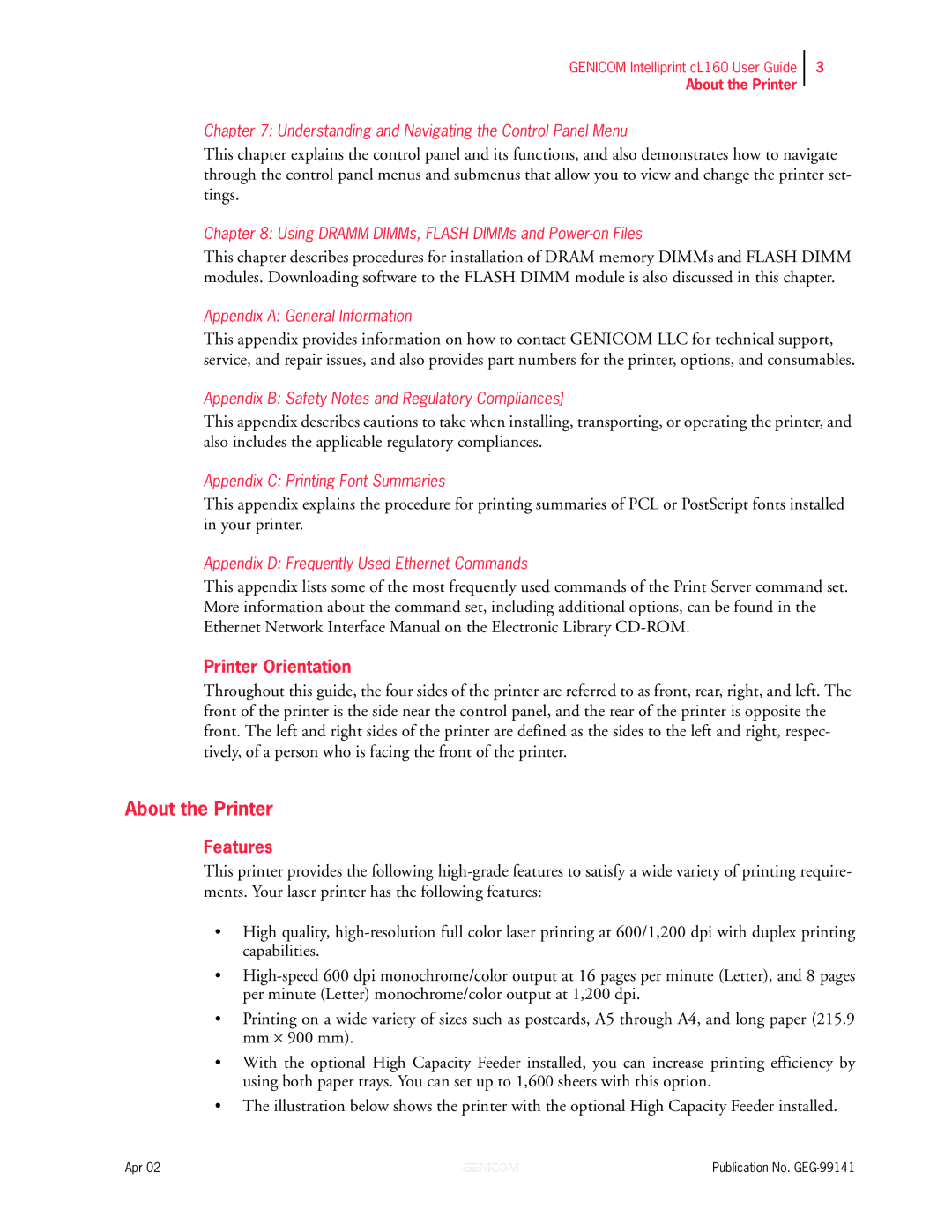 Genicom cL160 manual About the Printer, Printer Orientation, Features 