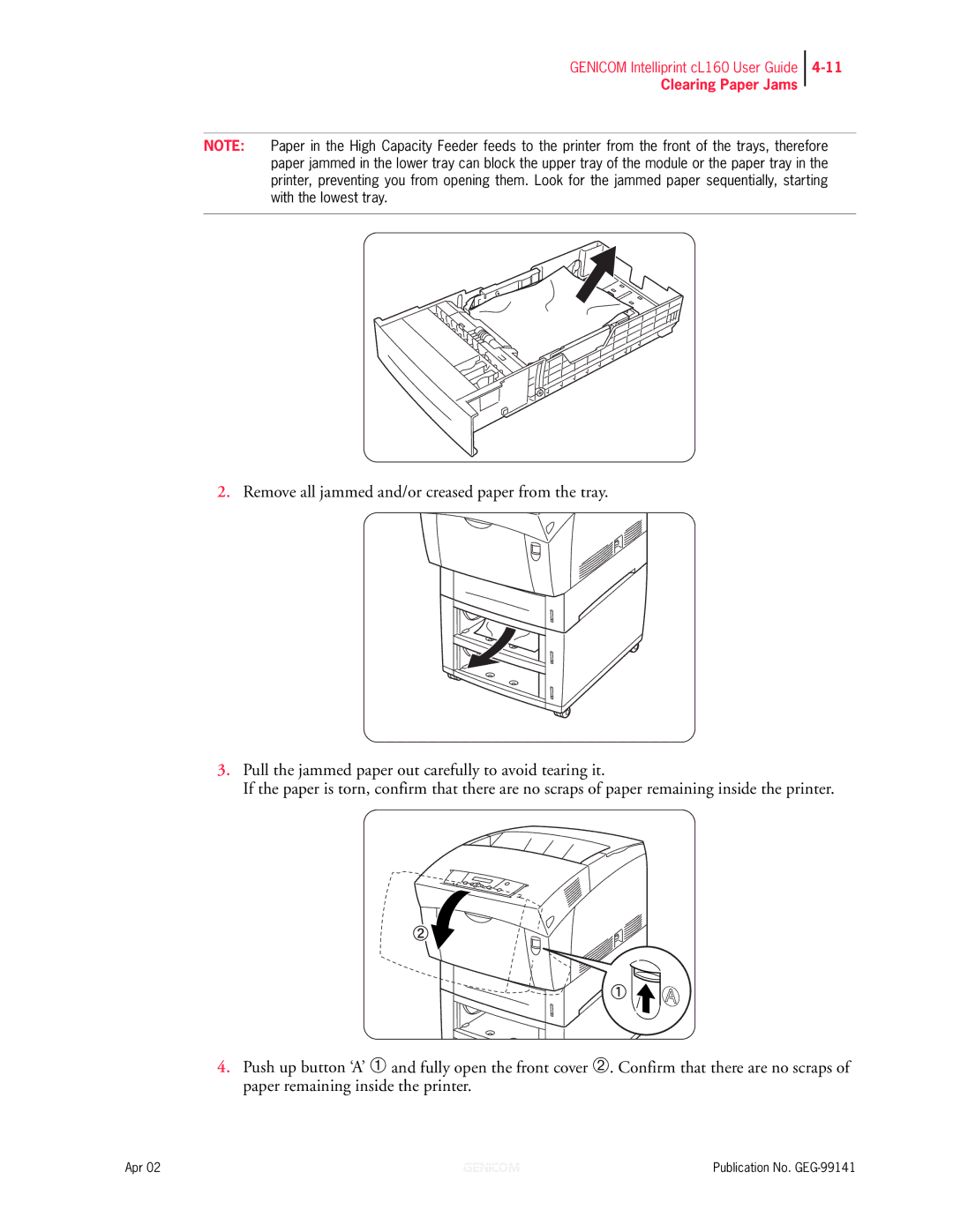 Genicom cL160 manual Clearing Paper Jams 