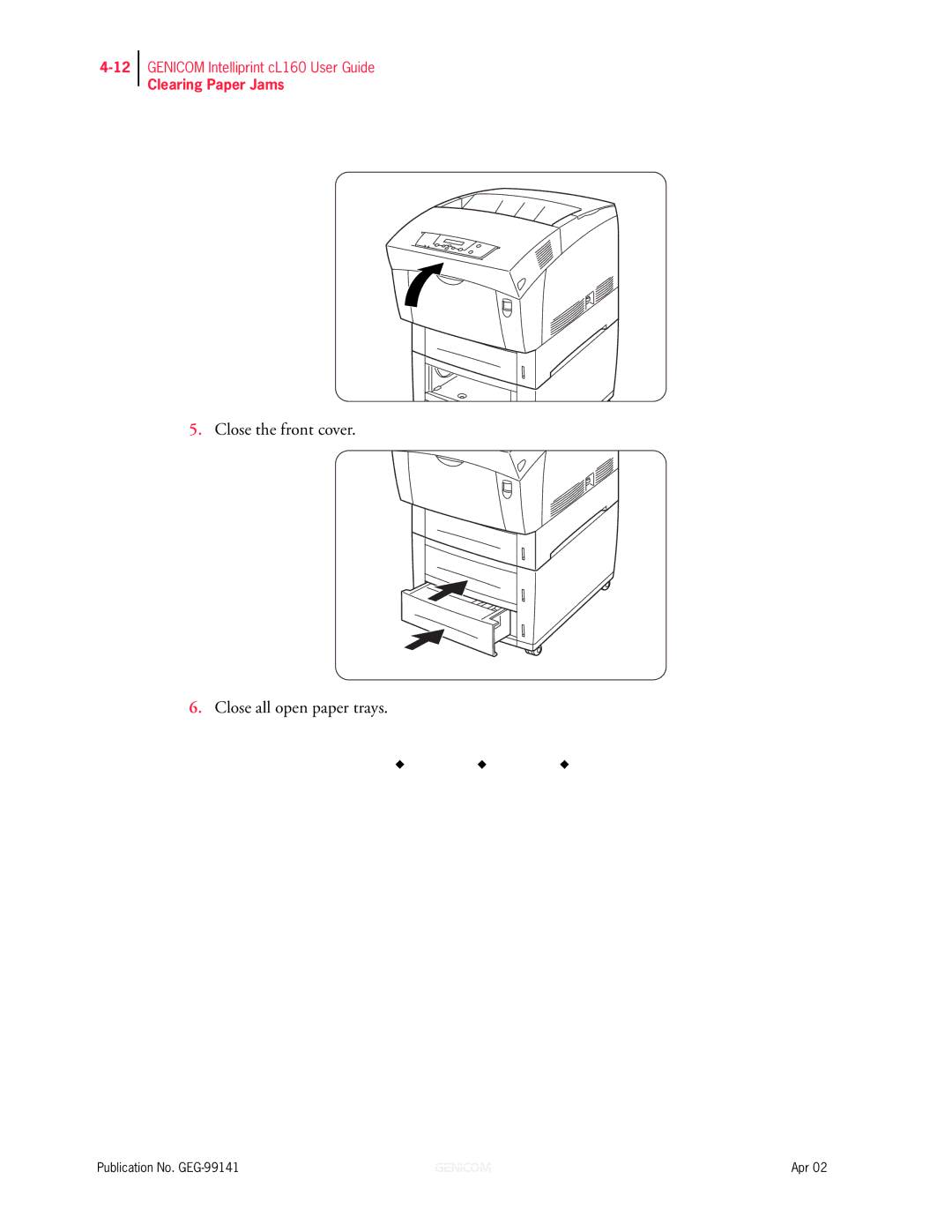 Genicom cL160 manual Close the front cover Close all open paper trays 