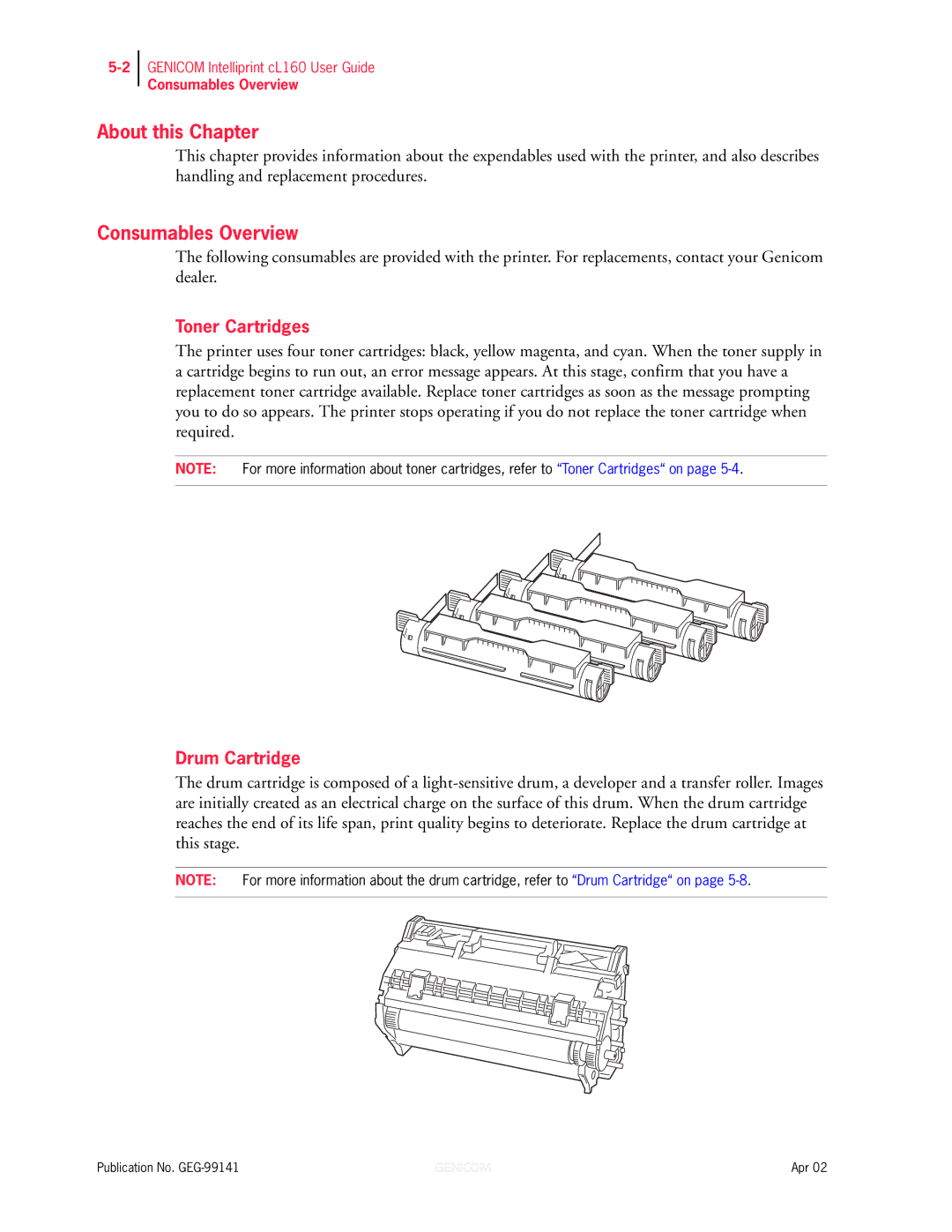 Genicom cL160 manual Consumables Overview, Toner Cartridges, Drum Cartridge 