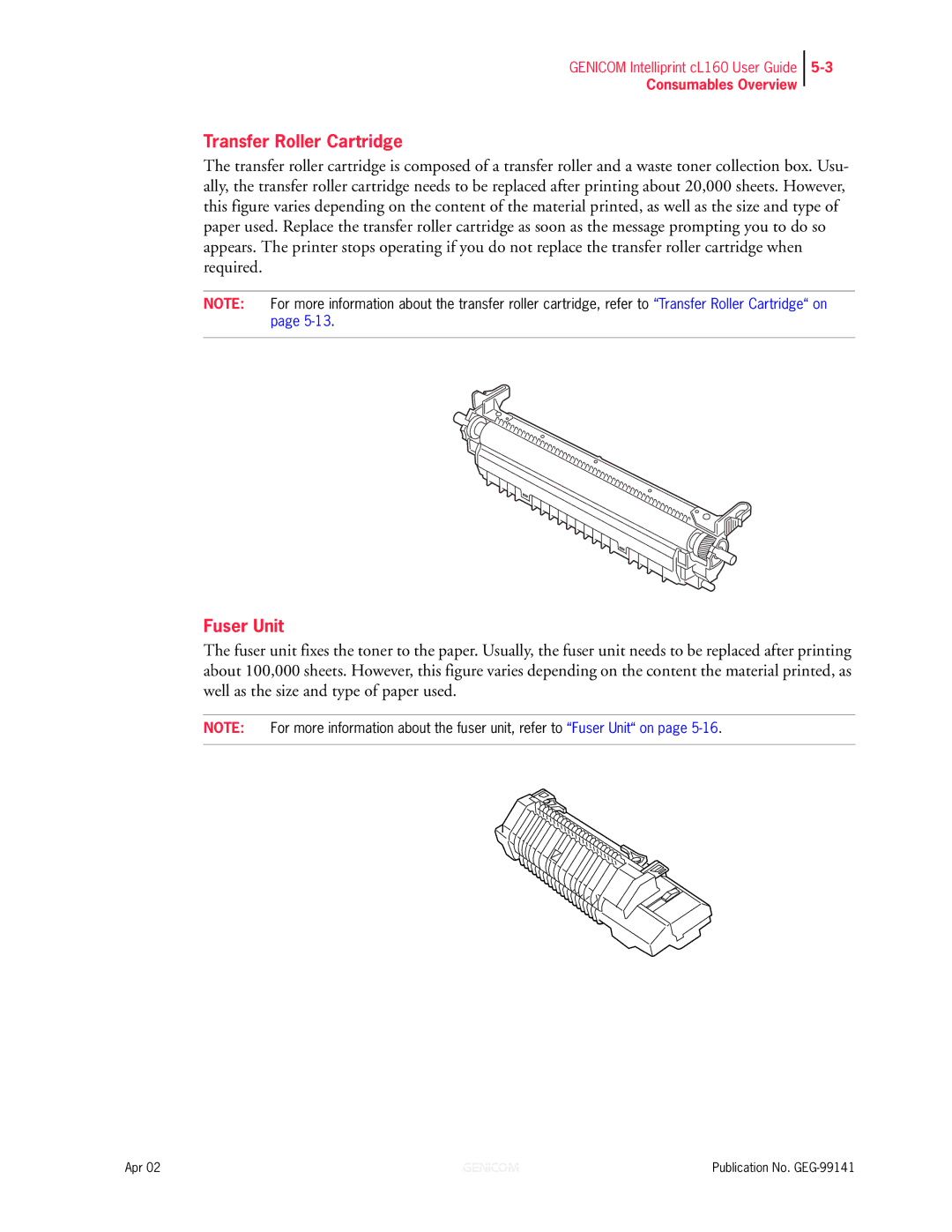 Genicom cL160 manual Transfer Roller Cartridge, Fuser Unit 