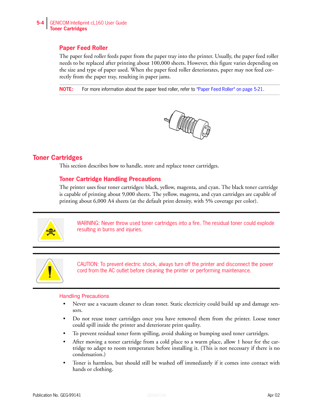 Genicom cL160 manual Toner Cartridges, Paper Feed Roller, Toner Cartridge Handling Precautions 