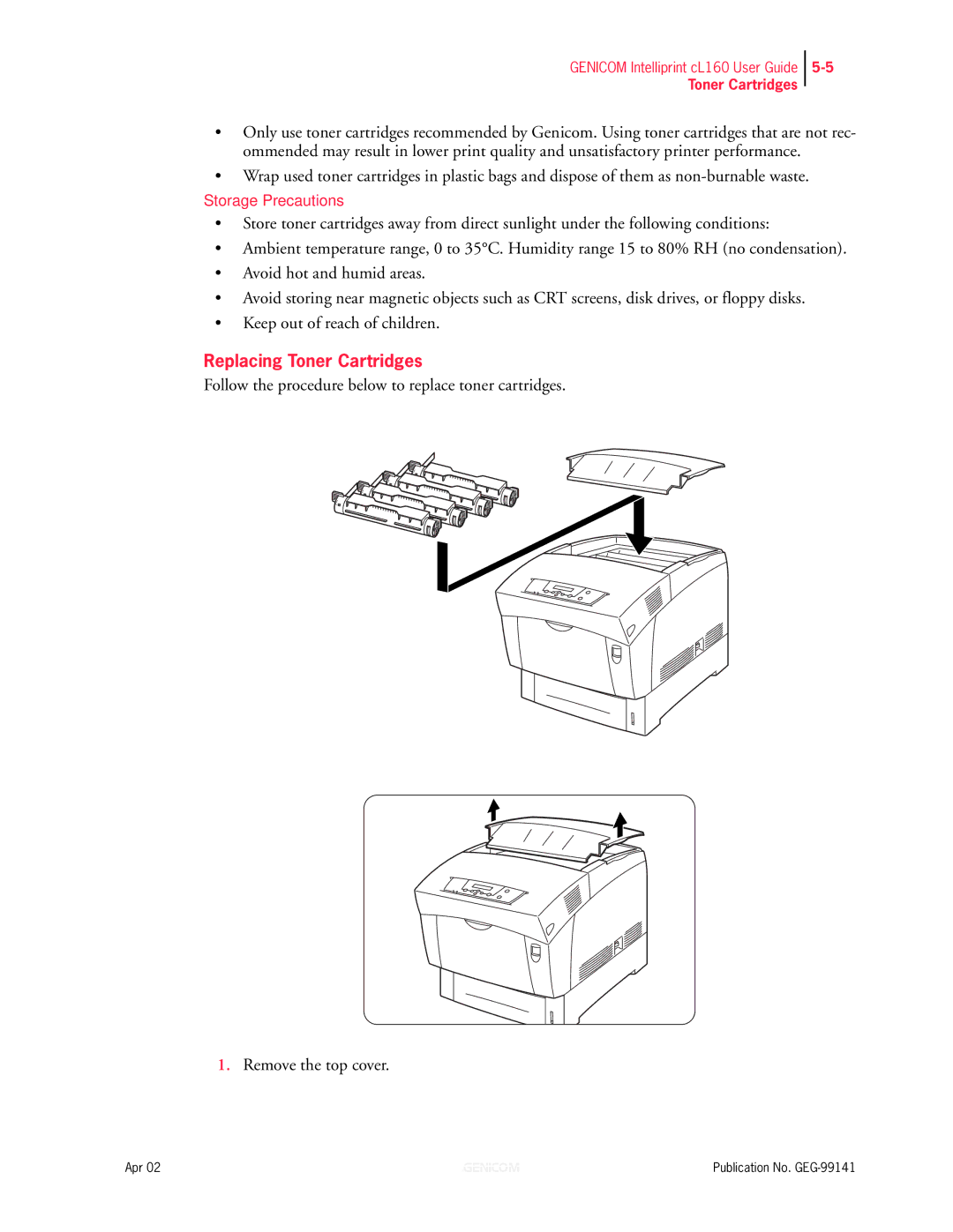 Genicom cL160 manual Replacing Toner Cartridges 