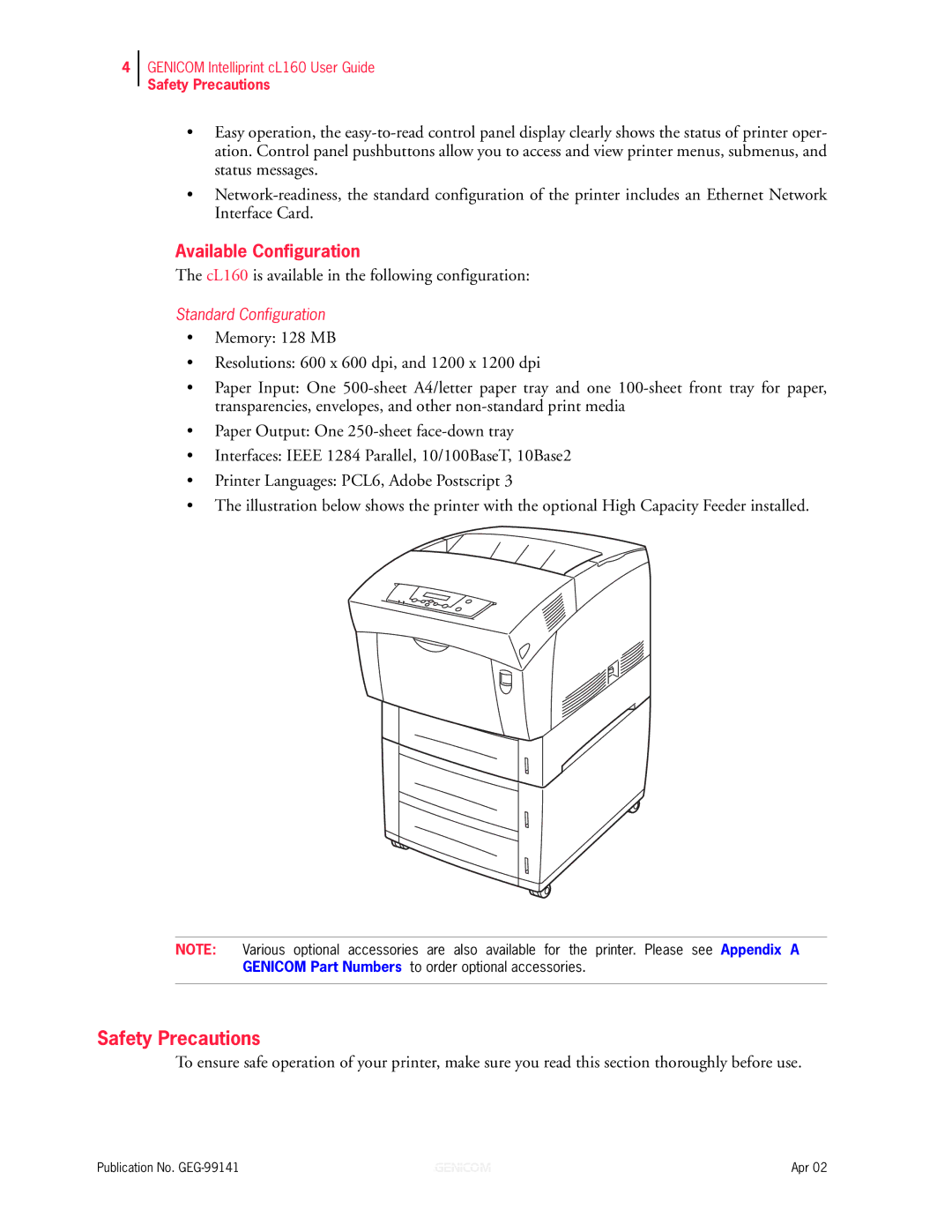 Genicom cL160 manual Safety Precautions, Available Configuration 